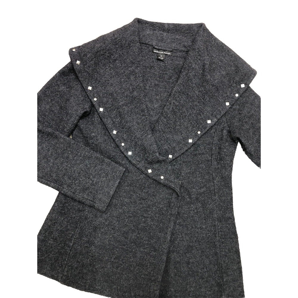 Marina Luna Cardigan M Fold Over Studded Collar Adjustable Waist 100% Wool Gray